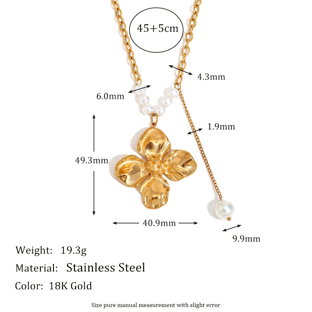 Vintage Floral Geometric Pendant Necklace for Women Stainless Steel with 18K Gold Plating and Simulated Pearl Accents