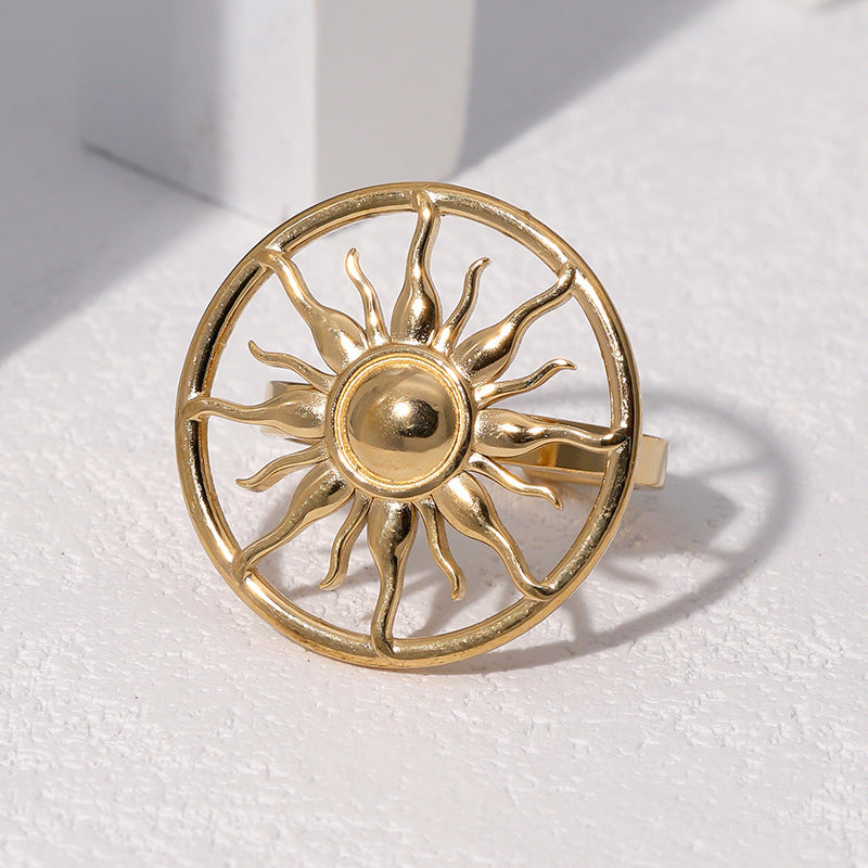 Minimalist Sun-Shaped Stainless Steel Ring with Gold Plating for Women, Geometric Open-Style Luxury Accessory