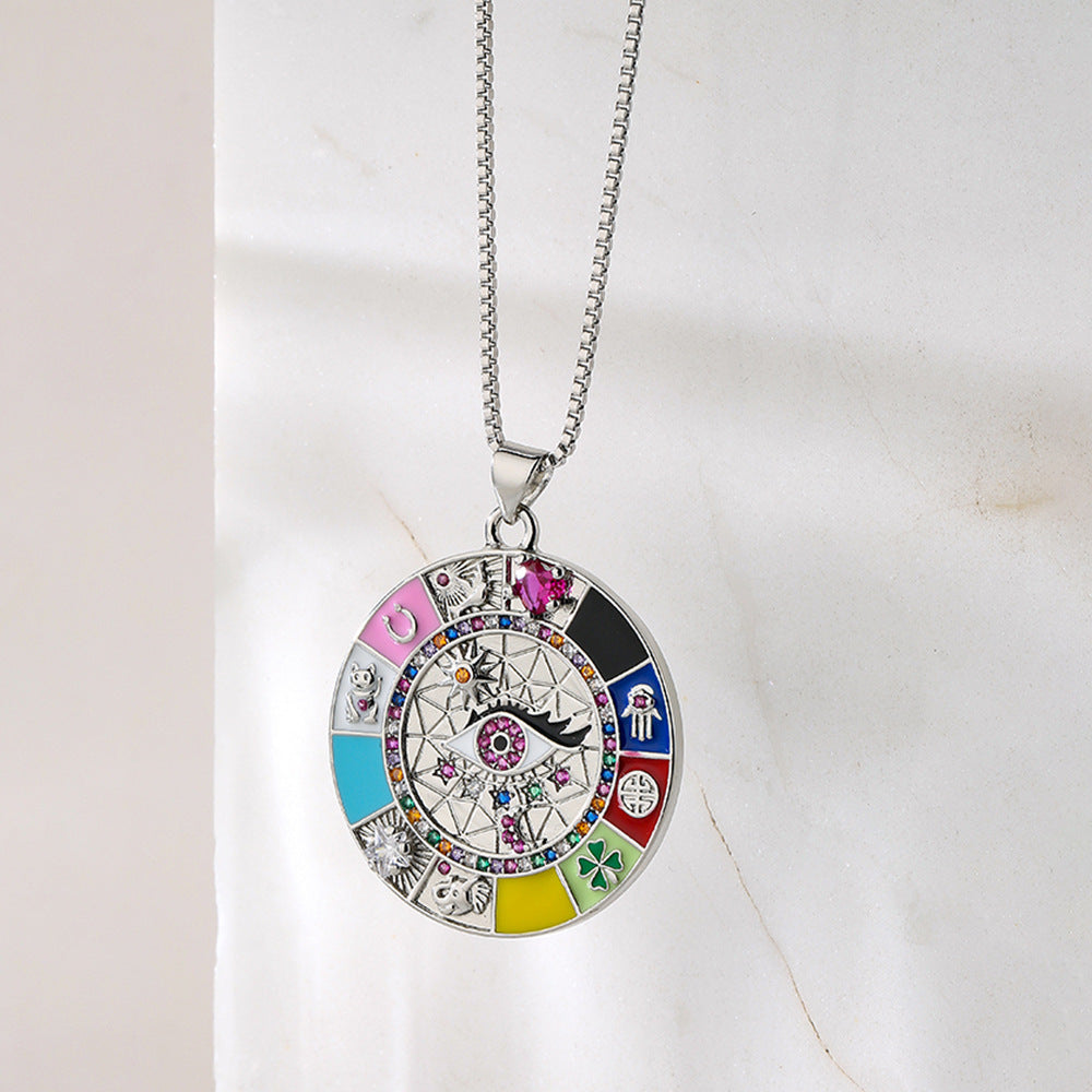 Bohemian Style Geometric Shaped Enamel Zircon Eye Pendant Necklace for Women