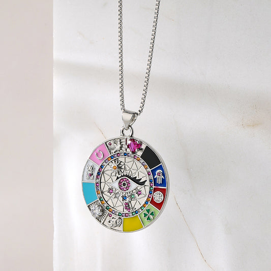 Collana da donna con ciondolo a occhio in smalto e zirconi a forma geometrica in stile bohémien