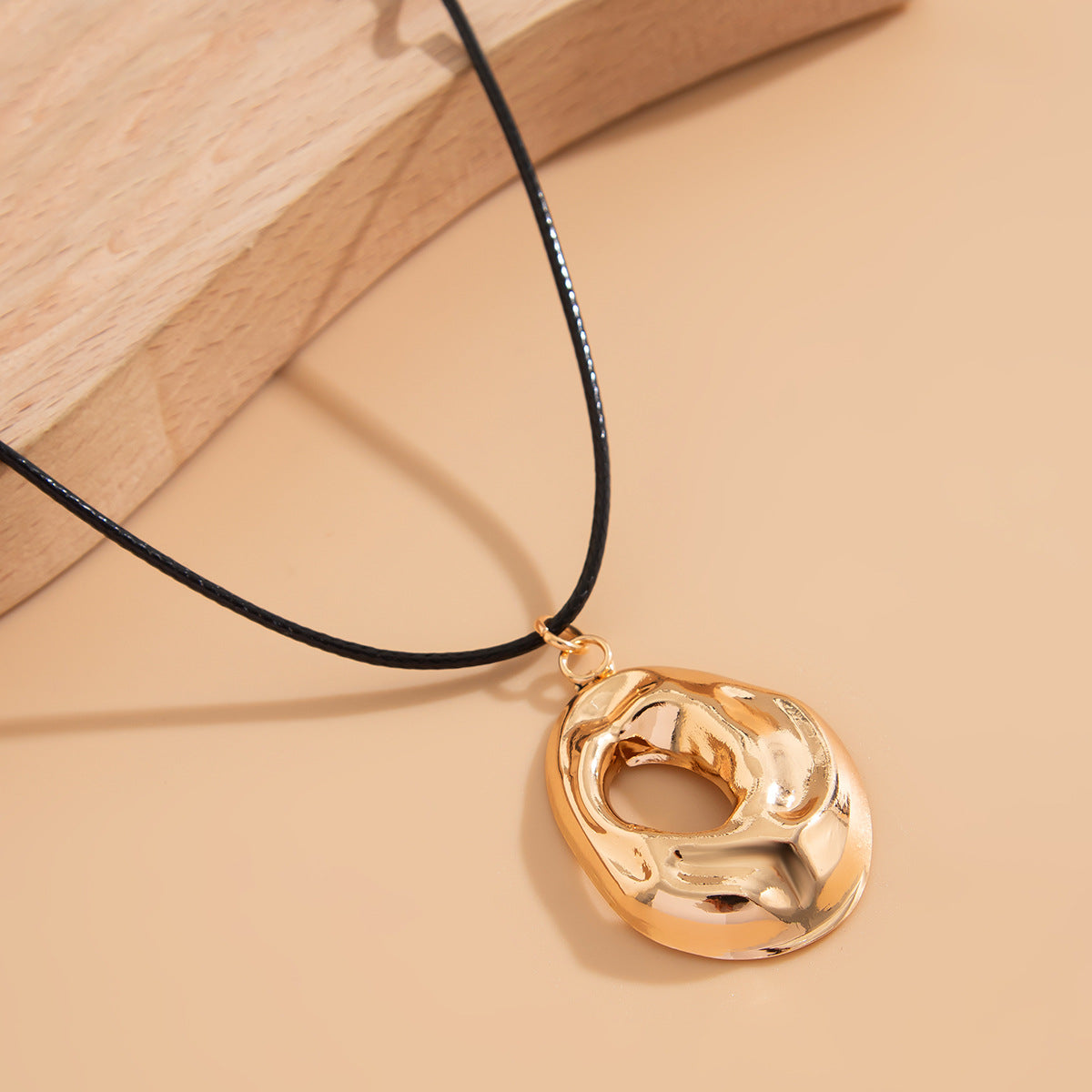 Hip-hop Geometric Hollow Out Alloy Plated Pendant Necklace with Wax Cord for Women