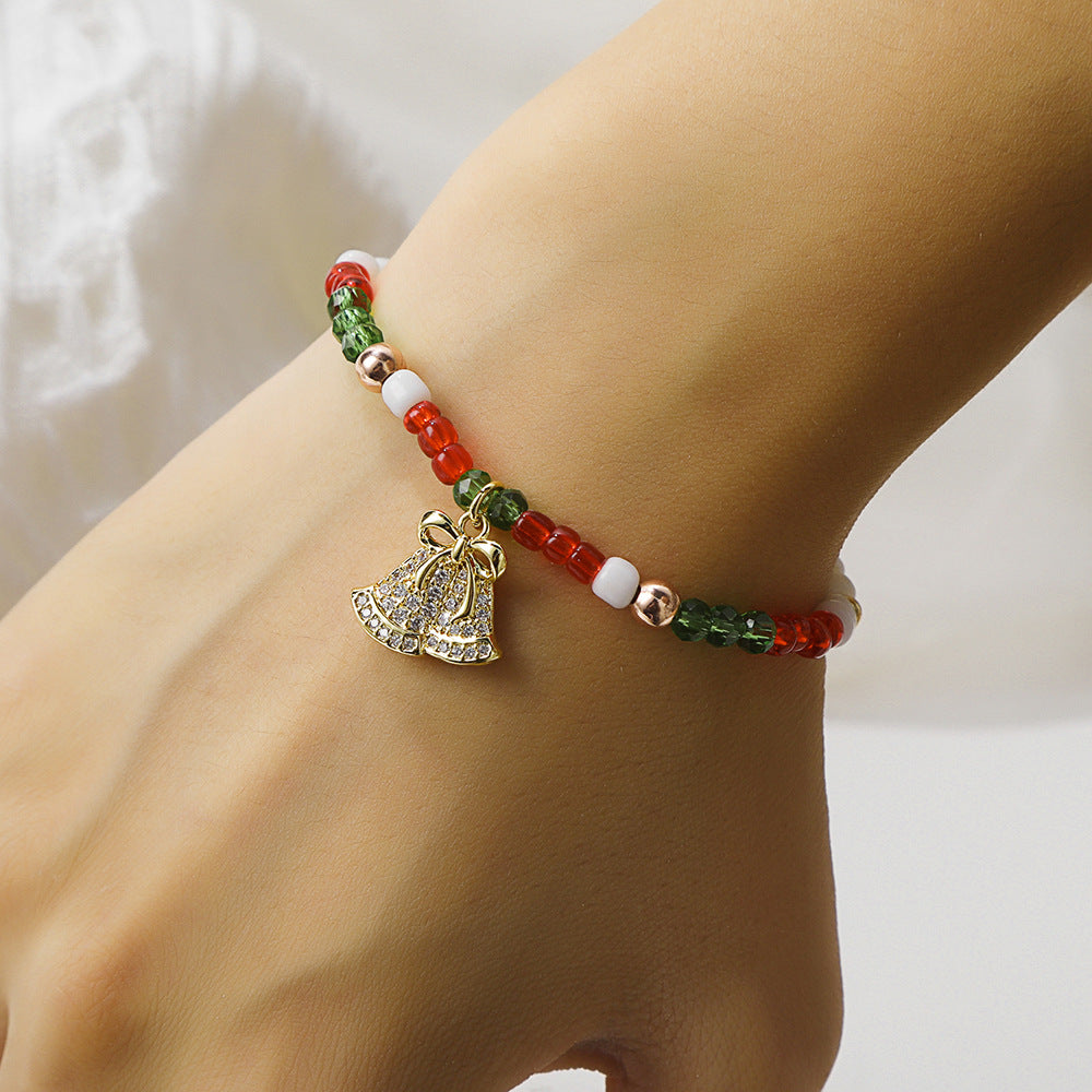 Handmade Geometric Christmas Tree Bell Pendant Brass Cubic Zirconia Seed Bead Elastic Bracelet