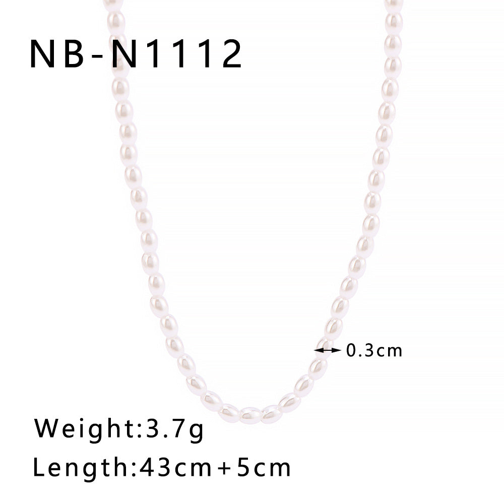 Collana con Pendente Ovale Minimalista in Acciaio Inox Placcato Oro 18K con Perle di Miglio, Stile INS, per Donna