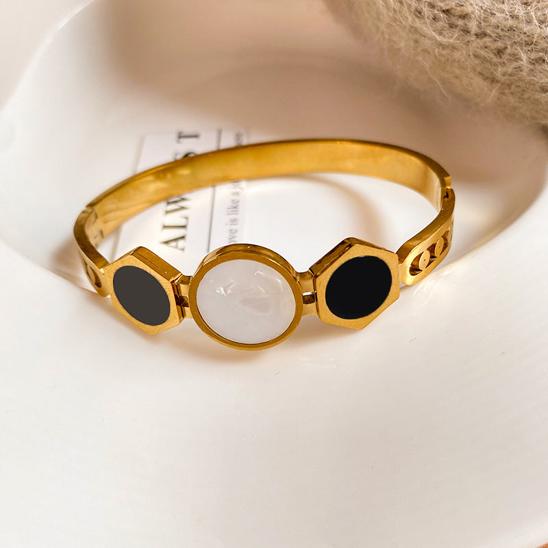 Micro-inlay Shell Geometric Oval Titanium Steel Bracelet Plated
