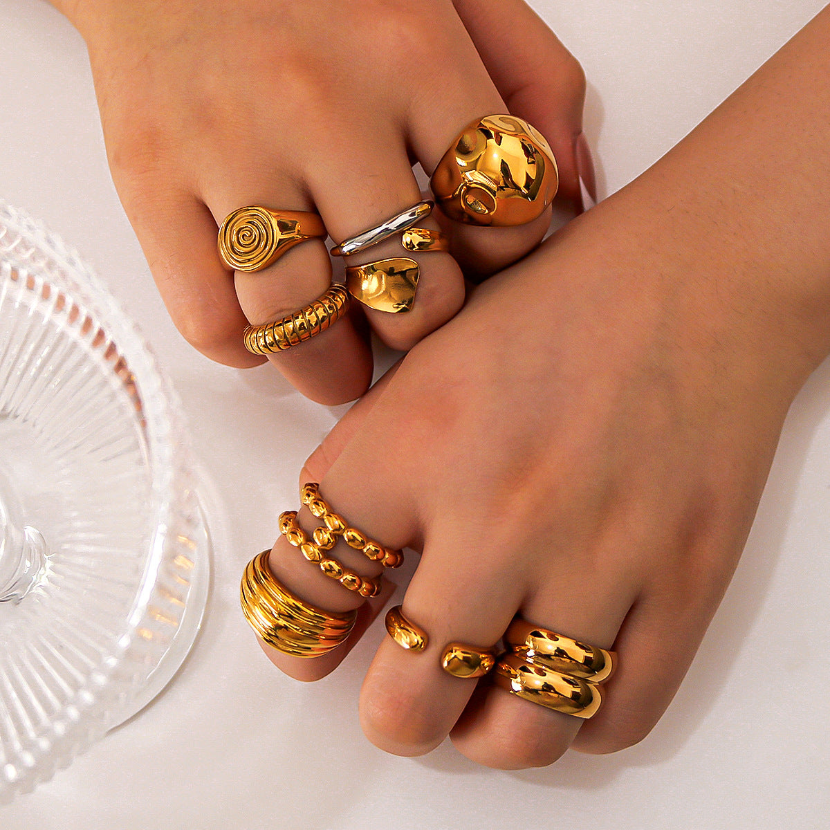 Asymmetrical Irregular Textured Stainless Steel Ring with Wavy Leaf and Geometric Shape Design