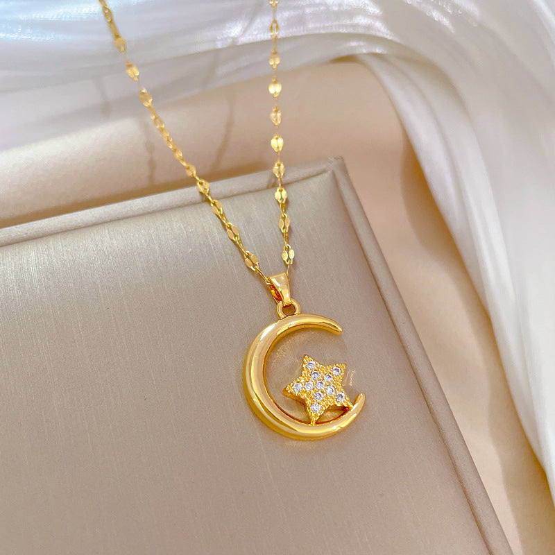 Minimalist Geometric Moon and Star Pendant Necklace for Women in Titanium Steel with Plated Finish
