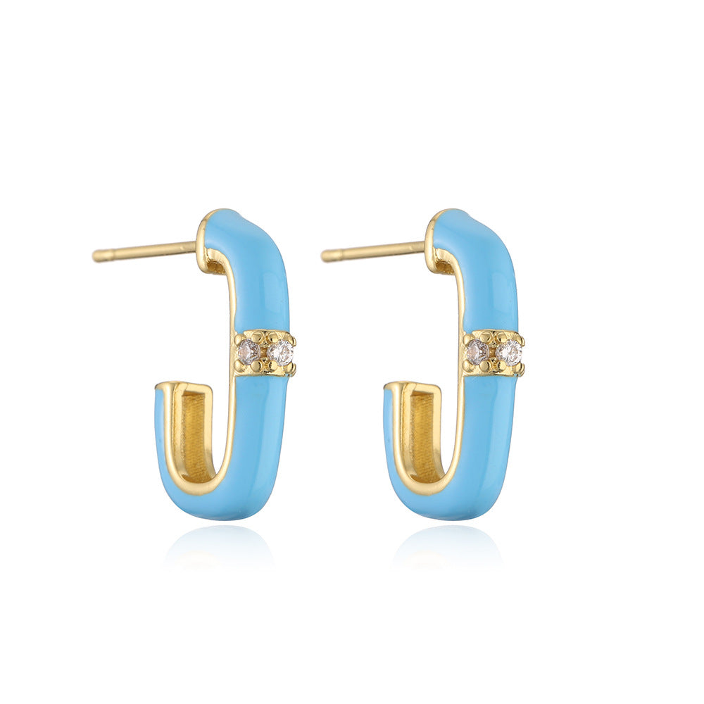 Geometric Candy-Colored Enamel Zirconia Stud Earrings for Women, Minimalist Fashion-Forward Ear Jewelry with Micro-Pave Setting