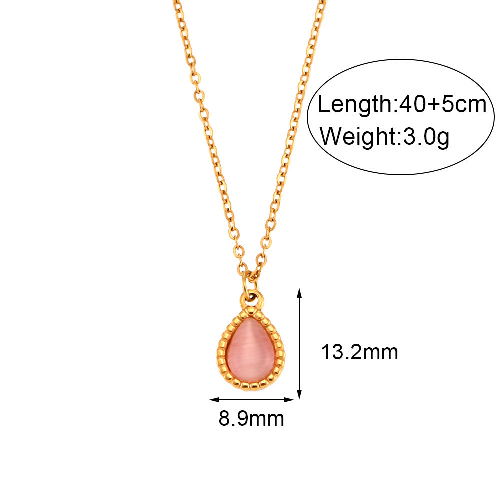 Minimalist Fashion Stainless Steel Teardrop Cat's Eye Pendant Necklace for Women with Plated Finish
