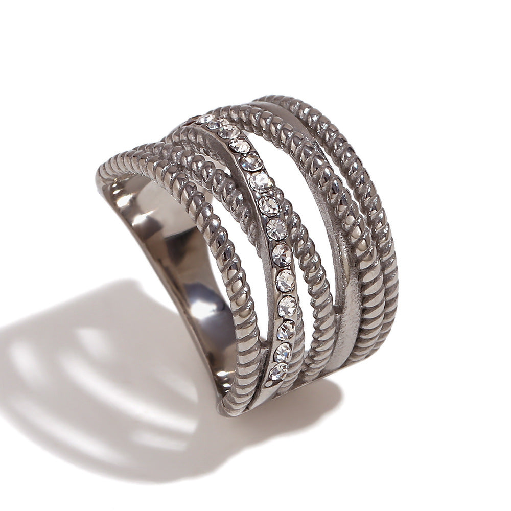 Minimalist Geometric Stainless Steel Ring with 18K Gold Plating and Micro-Paved Zirconia for Women