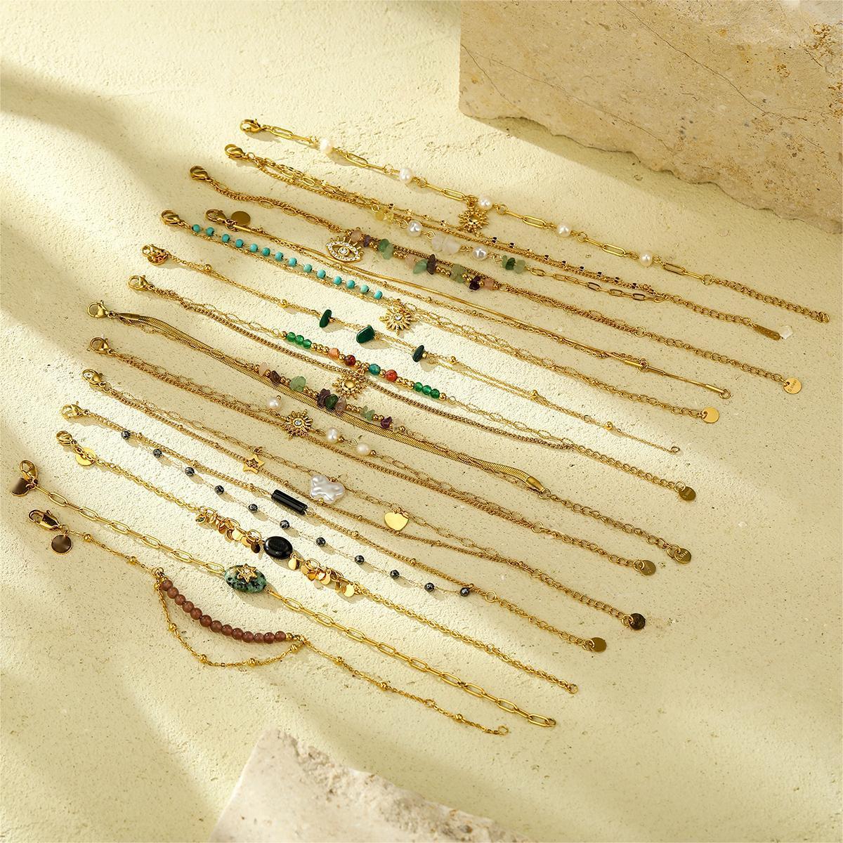 Pulsera de girasol y corazón de moda para mujer con acero inoxidable bañado en oro de 18K y cuentas de perlas