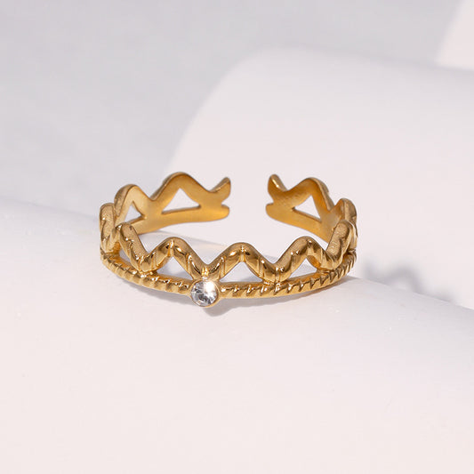 Anillo Abierto Geométrico Minimalista de Acero Inoxidable para Mujer con Incrustaciones de Pedrería y Acabado Bañado