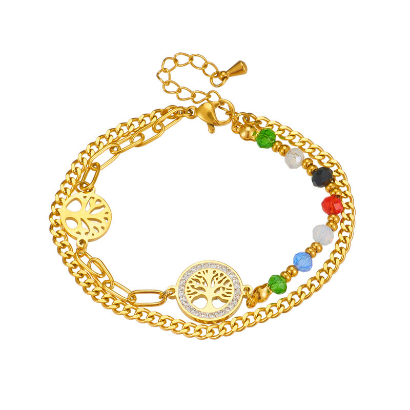 Fashionable Vintage-Style Irregular Round Tree of Life Double-Layer Bracelet in Stainless Steel with Plated Finish