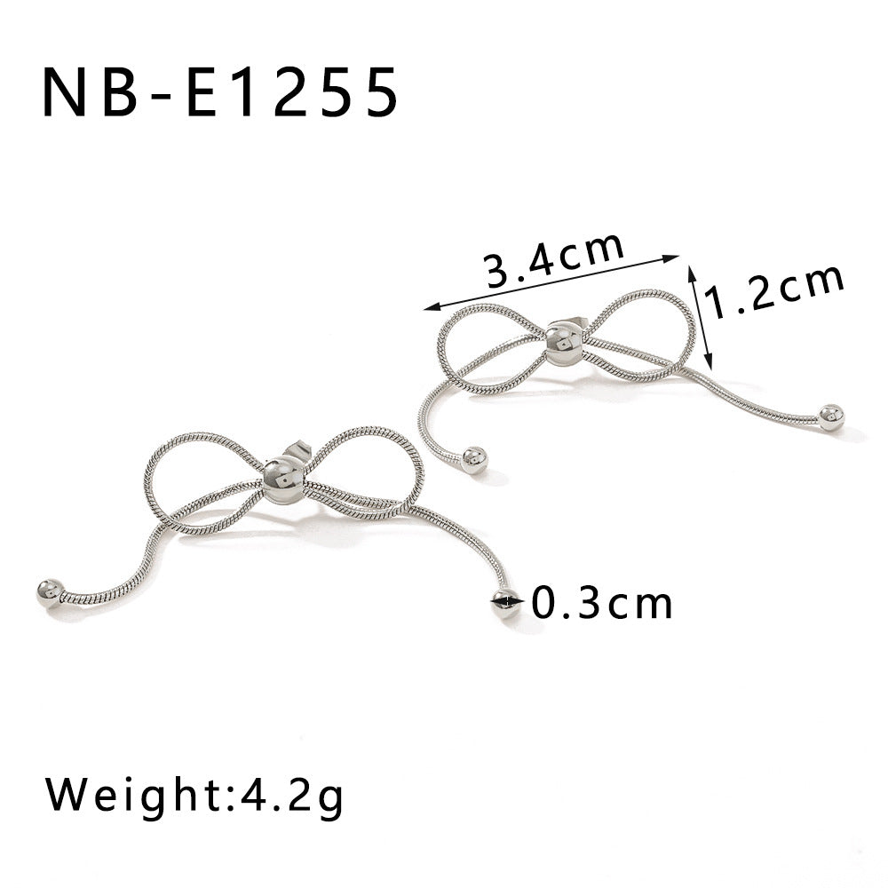 Minimalist Bow-Shaped Stainless Steel Earrings with Pull-Through Design and Tassel Details