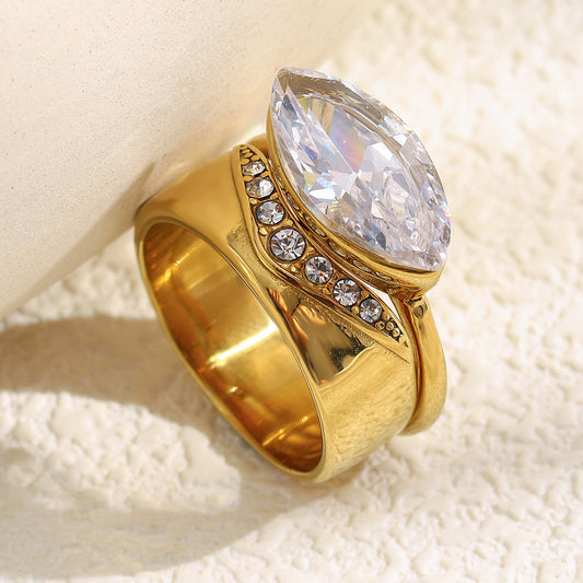 Minimalist Geometric Stainless Steel Ring with 18K Gold Plating and Colored Zirconia for Women