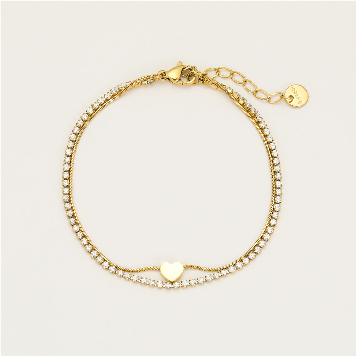 Minimalist Double-Layer Heart-Shaped Stainless Steel Bracelet with Zirconia Accents for Women and Men