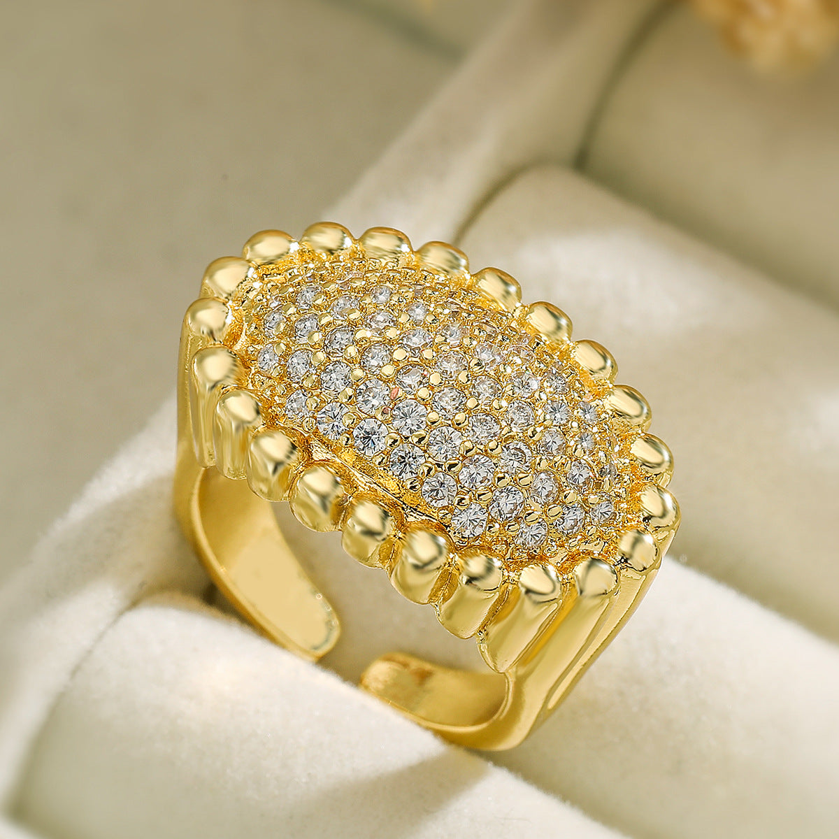 Minimalist Luxury 18K Gold Plated Brass Geometric Ring with Cubic Zirconia Inlay for Women