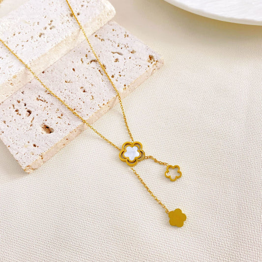 Minimalist Gold Plated Titanium Steel Floral Shell Inlay Tassel Necklace for Unisex