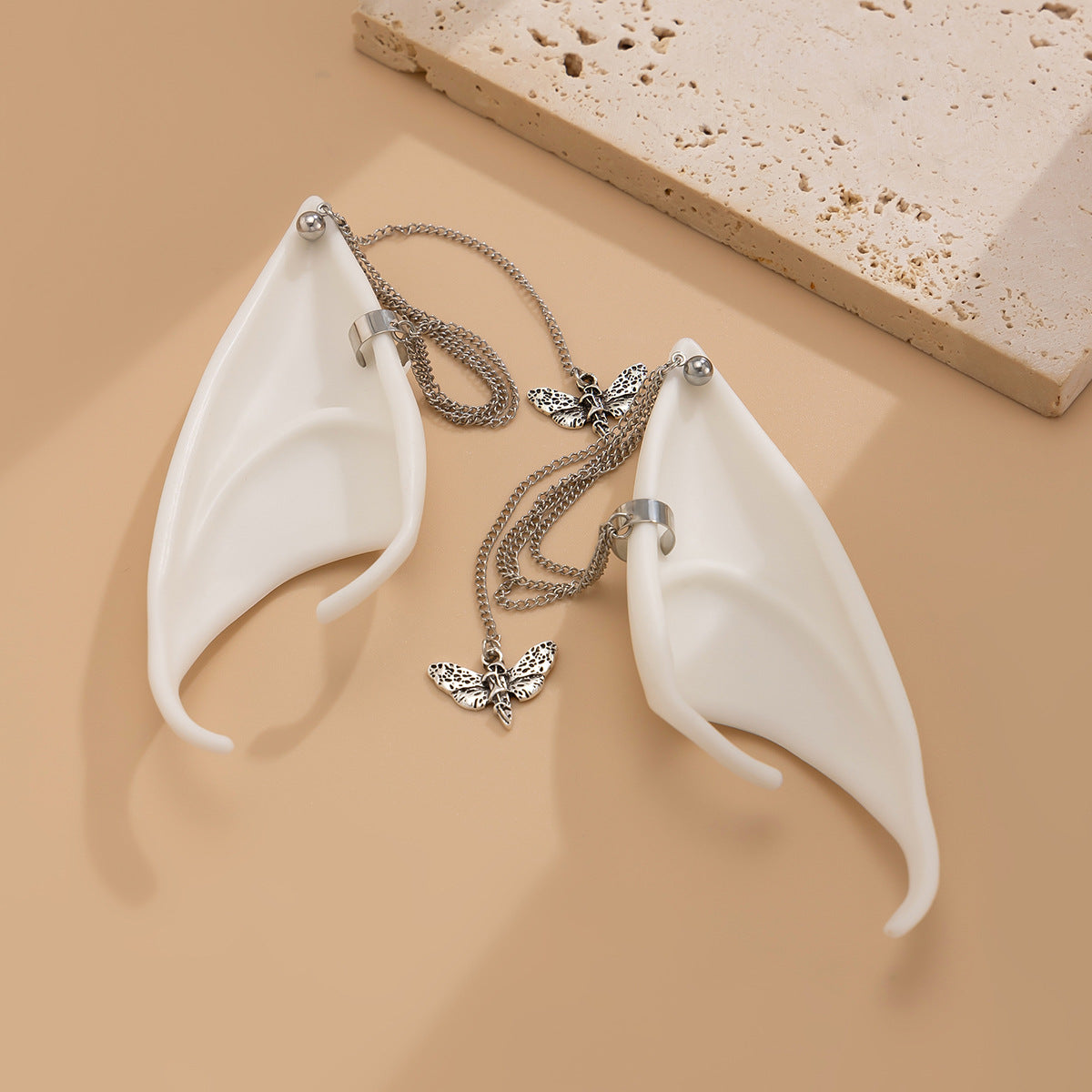 Exaggerated White Elf Silicone Butterfly Ear Cuff with Dense Chain Tassel Plated Geometric Earrings for Women