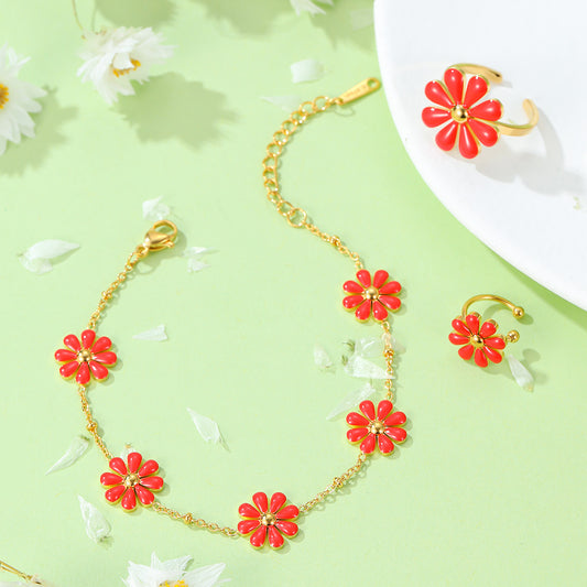 Minimalist Daisy Enamel Titanium Steel Bracelet Set with Matching Flower Ring for Women