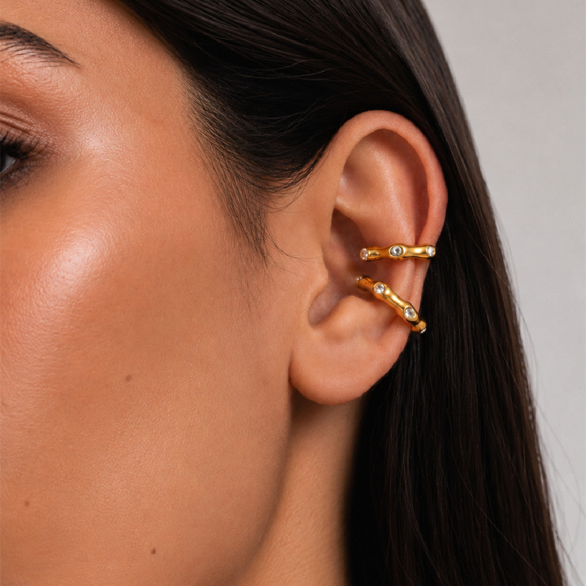 18K Gold Plated PVD Stainless Steel C-Shape Rhinestone Bamboo Segment Clip-on Earrings for Women