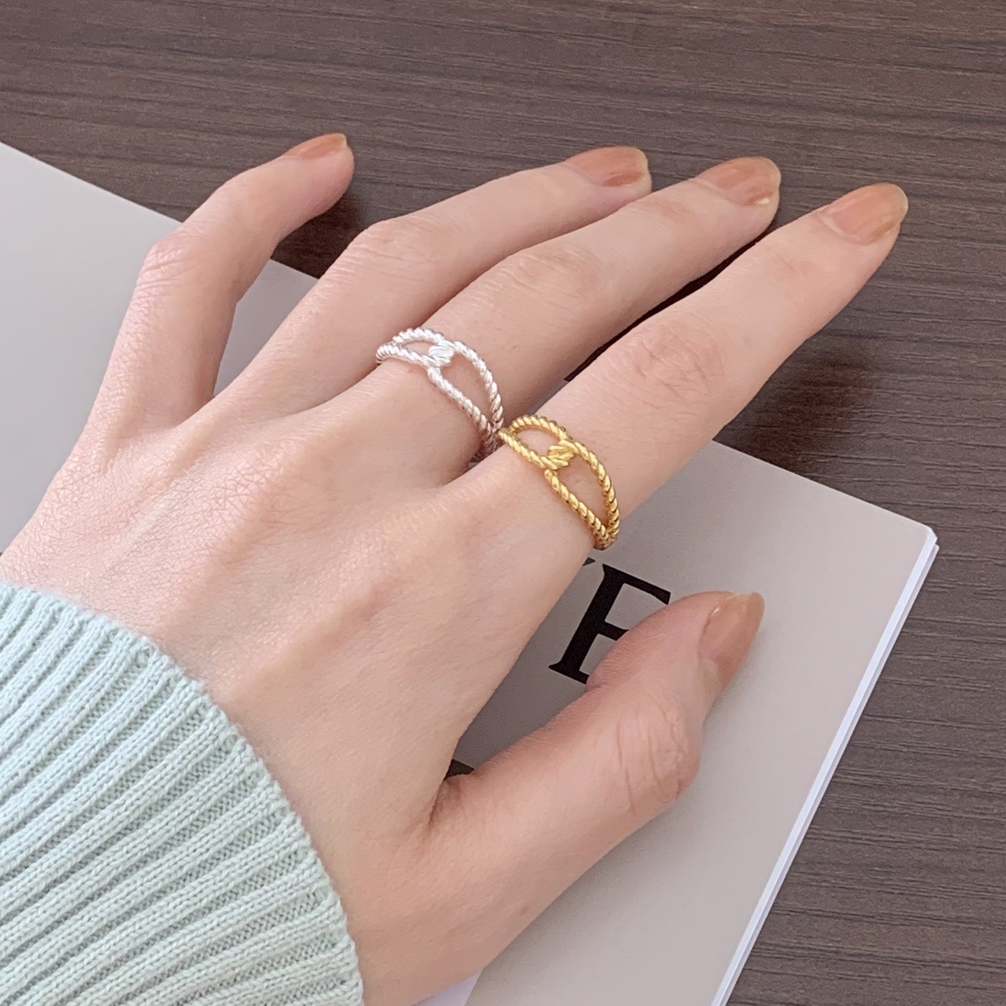 Minimalist Sweet 925 Sterling Silver Heart Geometric Twisted Rope Ring for Women