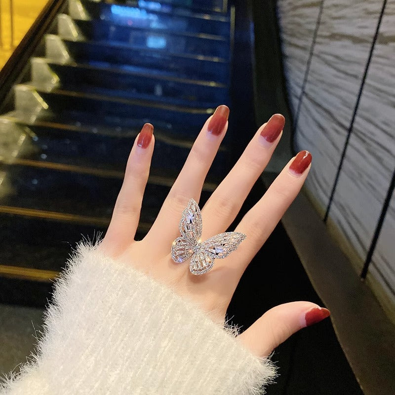 Luxury Zircon Butterfly Open Ring for Women with Plated Copper Finish and Minimalist Design