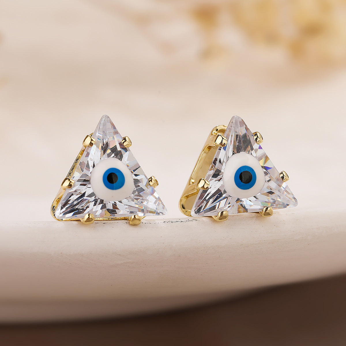 Minimalist Geometric Evil Eye Triangle Stud Earrings for Women in Brass with Micro-Pave Zirconia