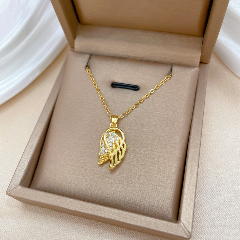 Luxury Feather Wing Geometric Pendant Necklace Titanium Steel Chain Rhinestone Inlay for Unisex