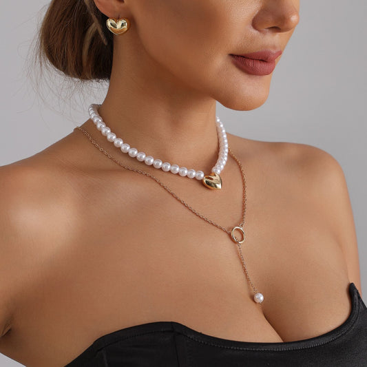 Minimalist Geometric Heart Alloy Plated Necklace with Baroque Imitation Pearl for Women