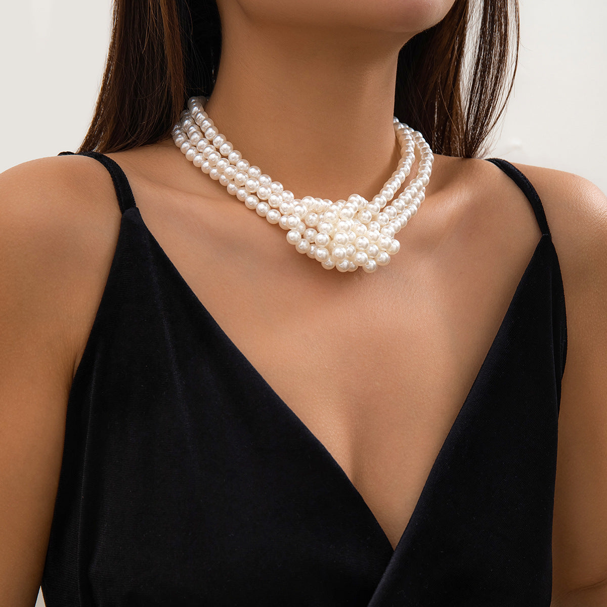 Vintage Style Geometric Knot Multi-Layer Imitation Pearl Necklace for Women with Beaded Ball Chain Choker