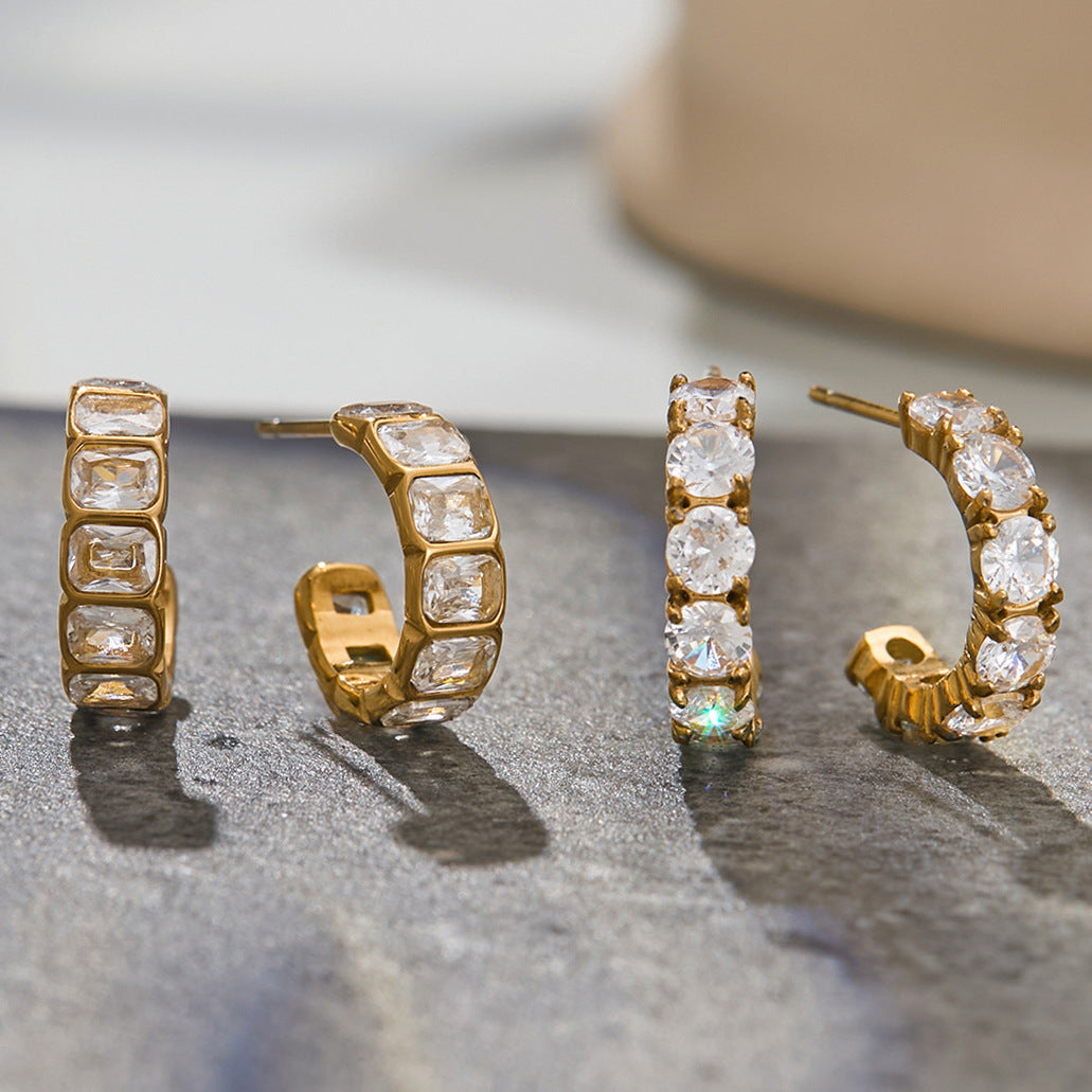 Pendientes de tuerca geométricos de acero inoxidable con circonita chapados en oro de 18 quilates para mujer, joyería de moda de lujo hipoalergénica