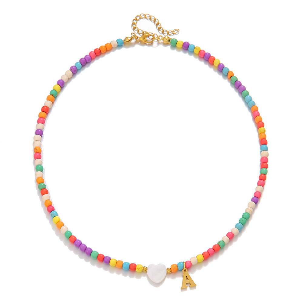Fashion Stainless Steel Letter Heart Turquoise Charm Bar Necklace Cable Chain Unisex