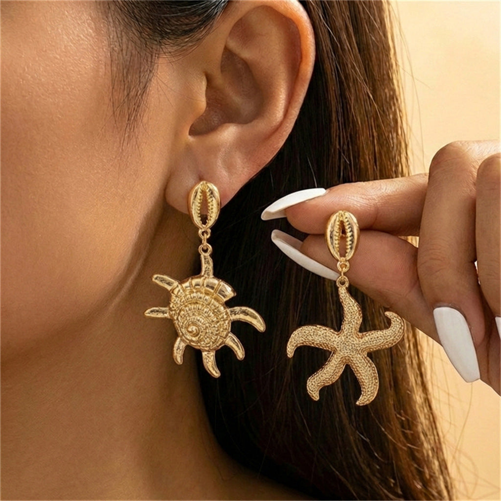 Vintage Geometric Starfish Shell Conch Pattern Plated Alloy Earrings for Women