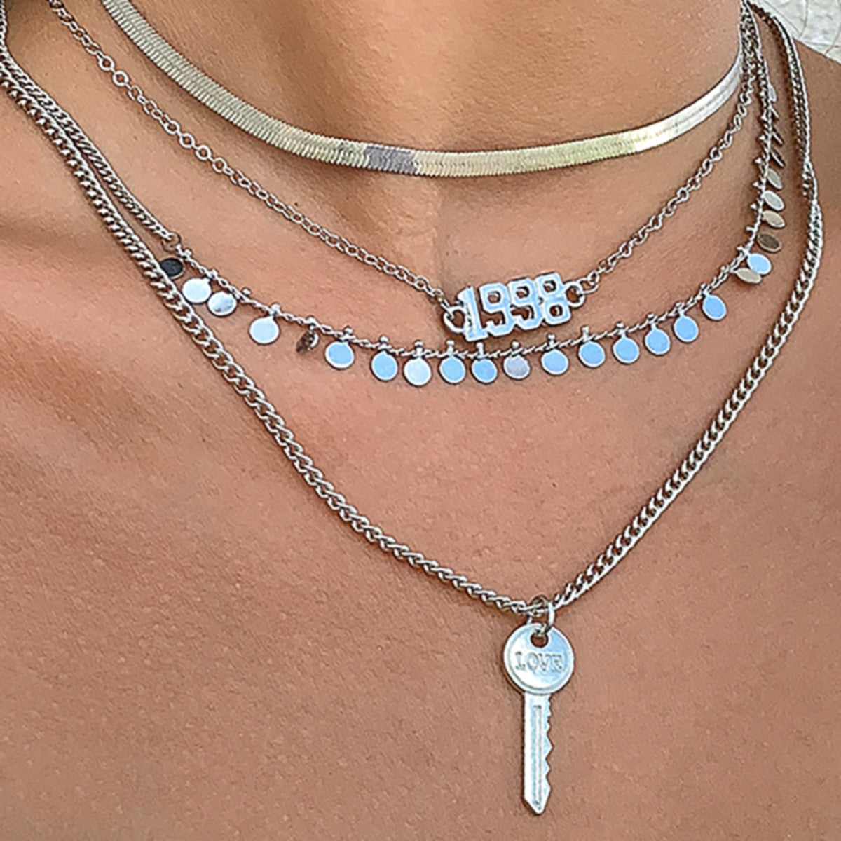 Vintage Punk Geometric Letter Alloy Plated Pendant Snake Chain Necklace for Women