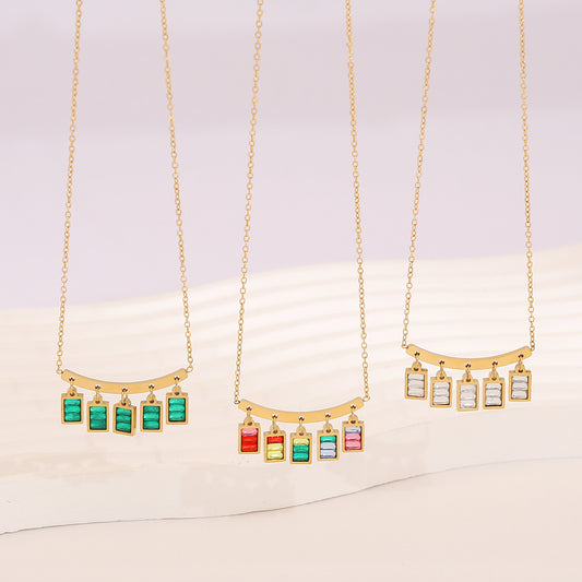 Geometric Square Glass Pendant Necklace in Stainless Steel with Plated Finish for Women