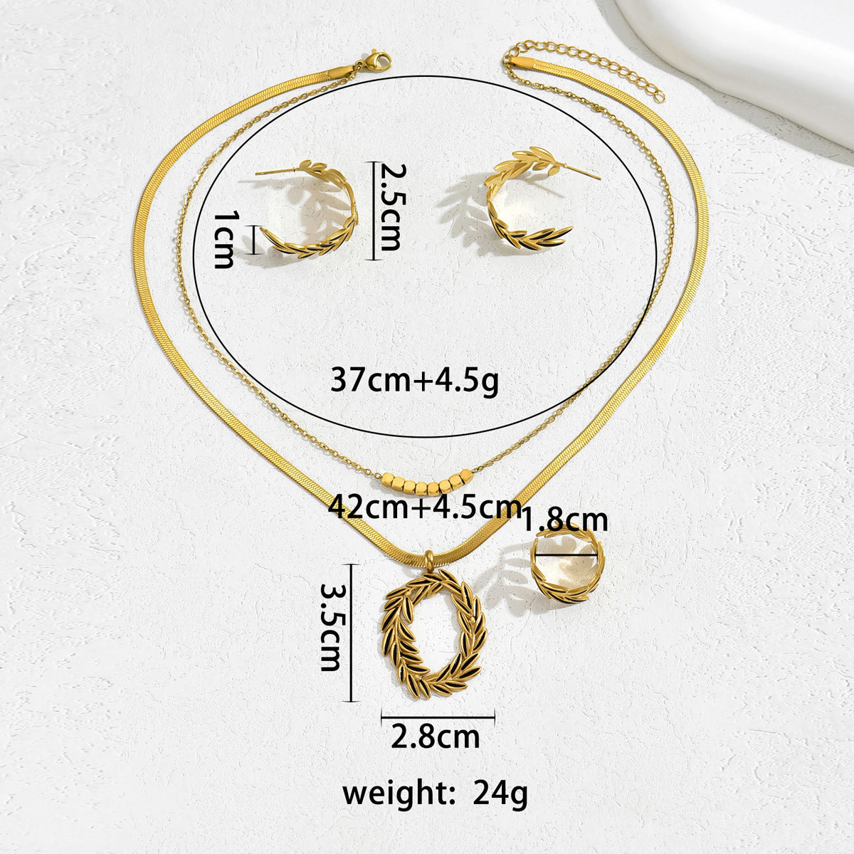 Minimalist Leaf Design Copper Necklace Set with Earrings and Bracelet, Enamel Finish