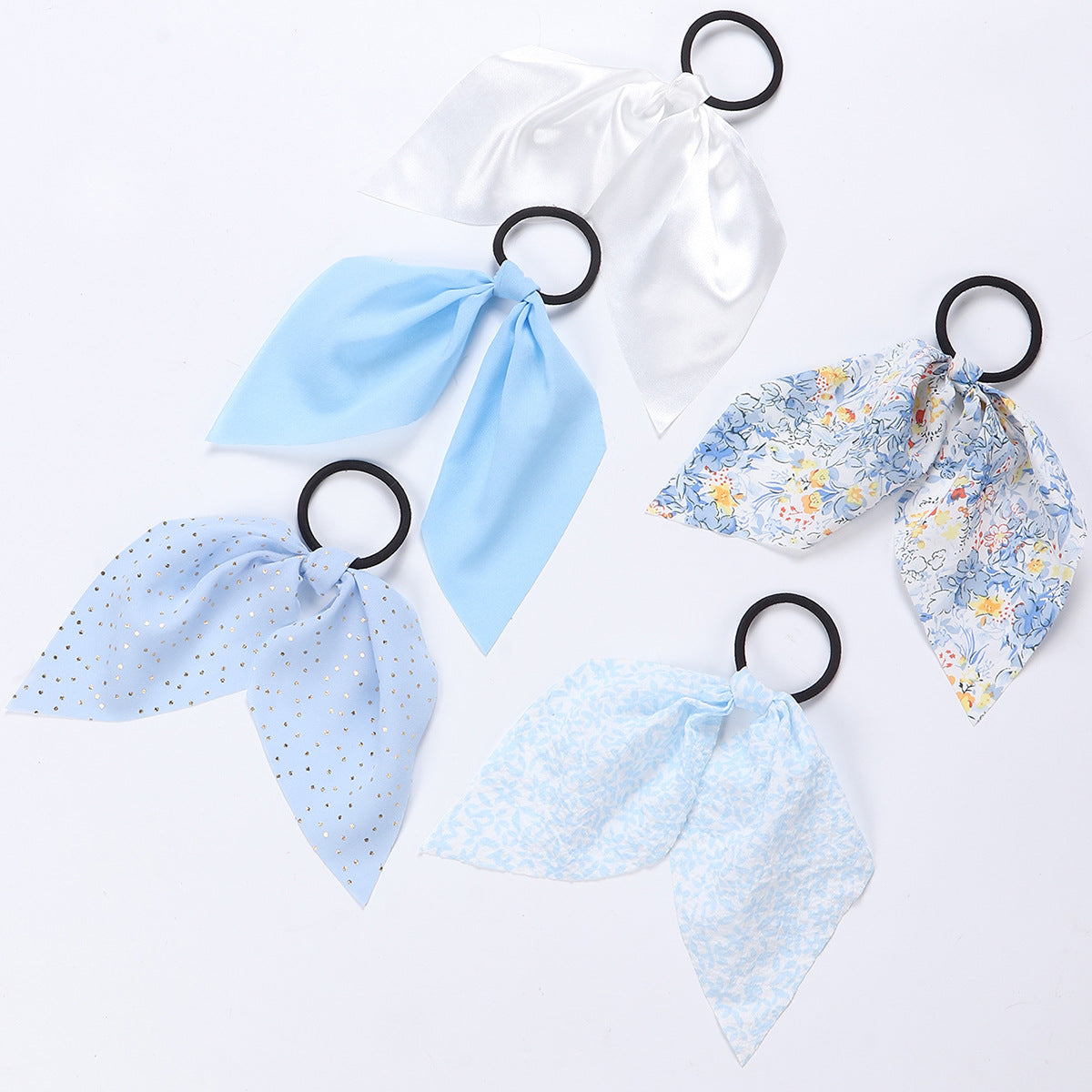 Set di elastici per capelli a fiocco azzurro pastello, fatti a mano per bambine, in tessuto con paillettes e motivo floreale