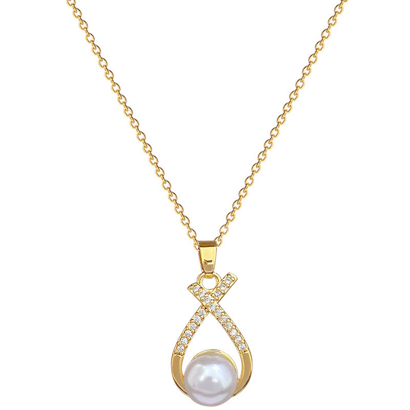 Luxury Titanium Steel Geometric Necklace and Earrings Set with Pearls for Women