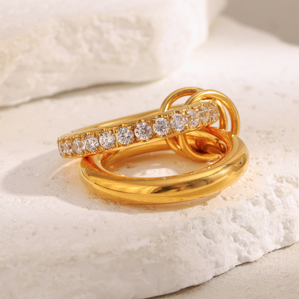 Minimalist Geometric Stainless Steel Ring with 18K Gold Plating and Double-Layer Zircon Inlay for Women