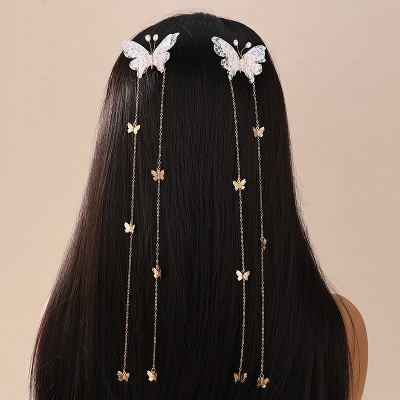 Natural Style Butterfly Bow Hair Clip for Girls with Metal Chain and Long Tassel, Resin Plastic Hair Accessory for Children Ages 3 to 10