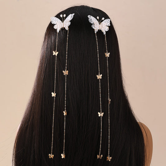 Fermaglio per capelli con fiocco a farfalla in stile naturale per bambine con catenina in metallo e nappina lunga, accessorio per capelli in resina plastica per bambini dai 3 ai 10 anni
