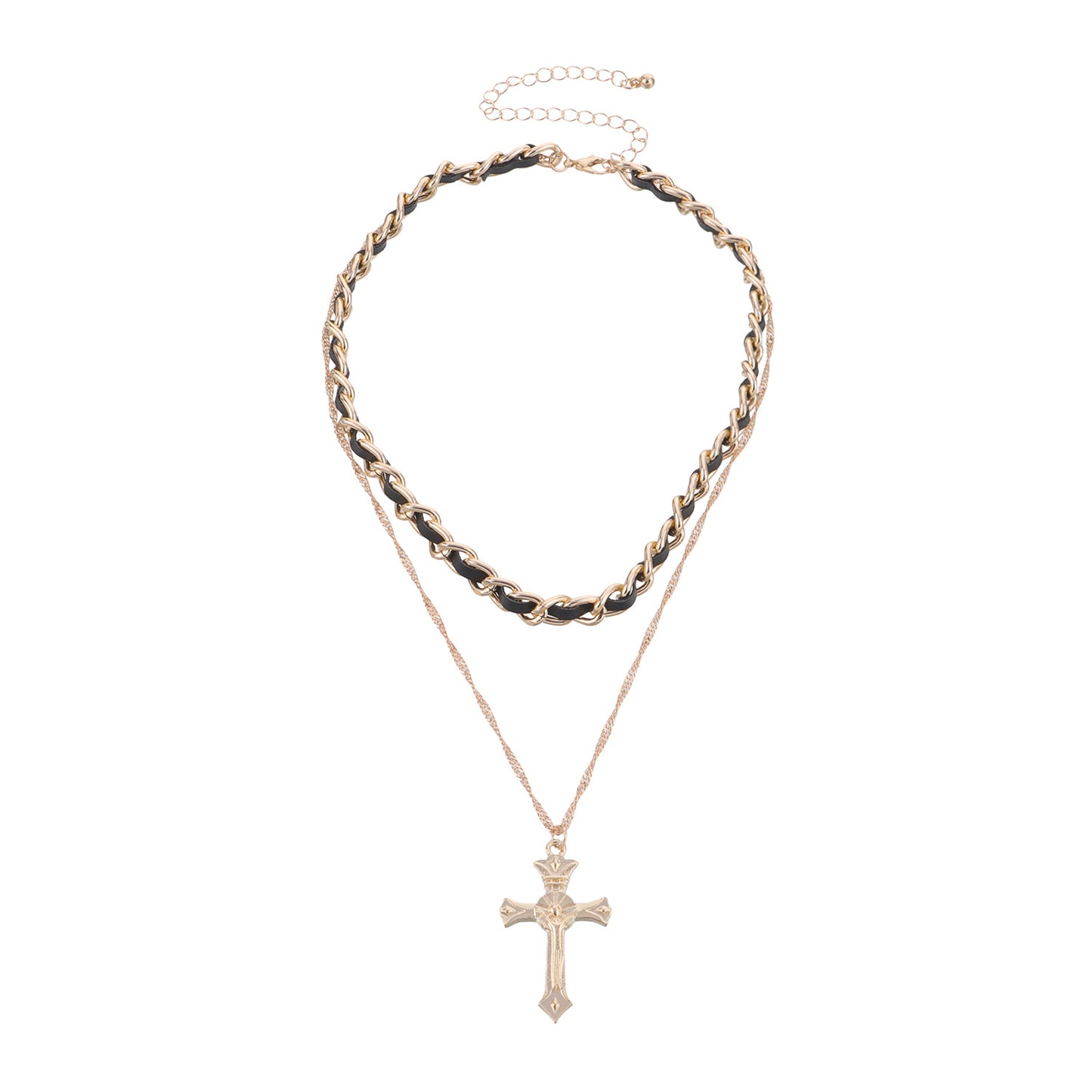 Vintage Cross Pendant Necklace for Women in Alloy with Electroplated Finish and Adjustable Black Leather Cord