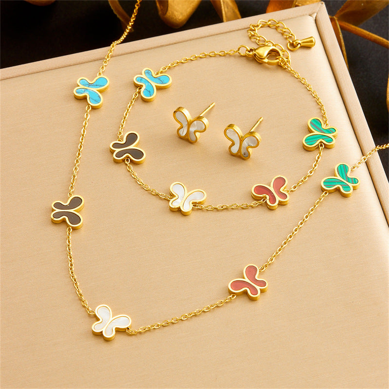 Minimalist Gold Plated Stainless Steel Heart Butterfly Teardrop Pearl Jewelry Set for Women