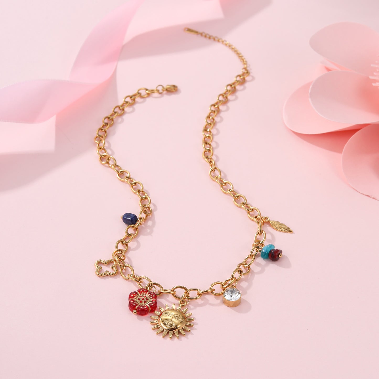 Fashionable Floral and Geometric Sun Pendant Necklace in Stainless Steel with 18K Gold Plating for Women