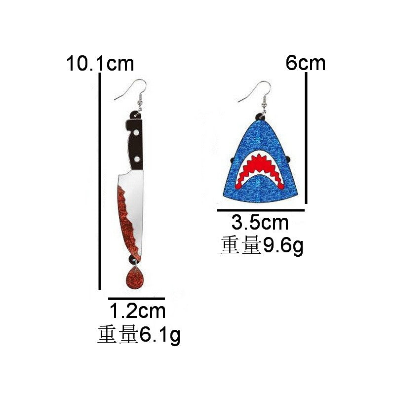 Punk Style Shark Animal Acrylic Earrings with Blue Glitter and Blood-Drop Knife Design for Halloween