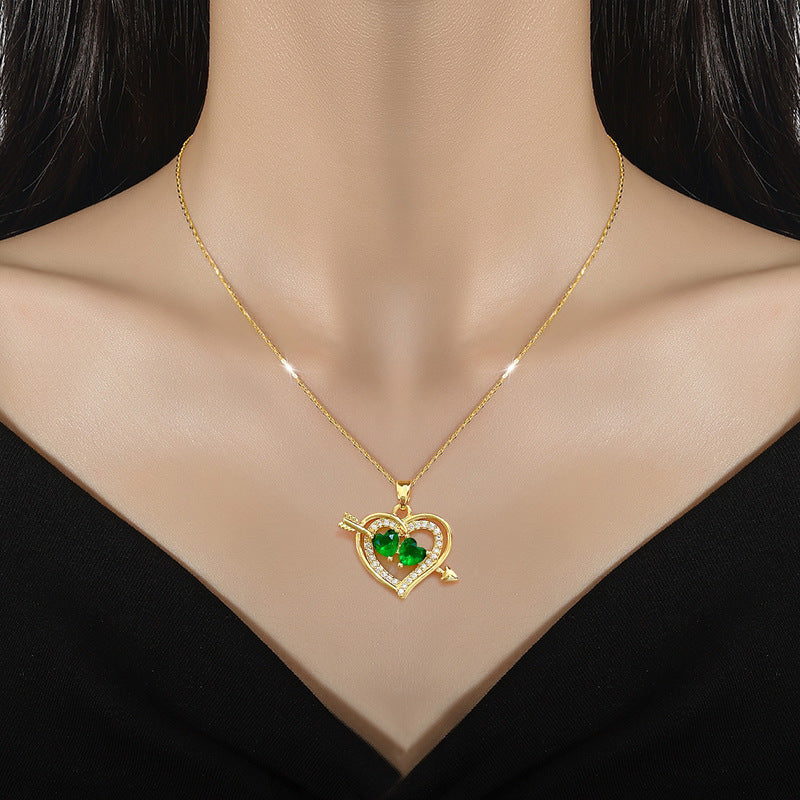 Collana pendente a cuore geometrico di lusso in acciaio al titanio da donna con intarsio di strass, delicata catena per clavicola