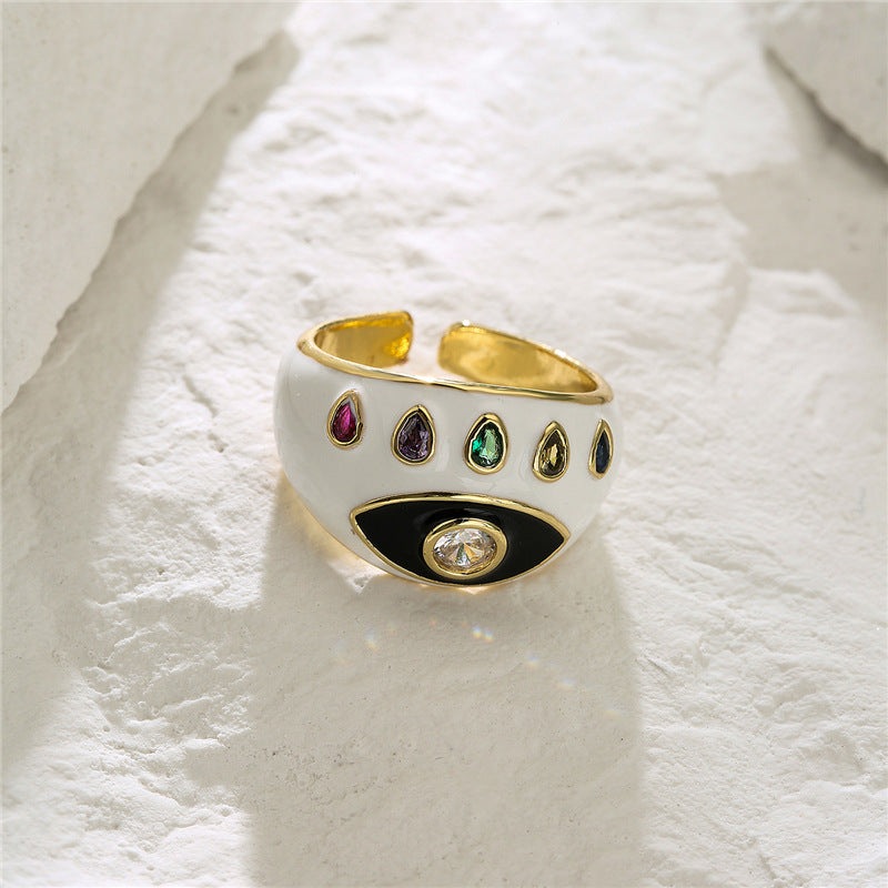 Fashion Geometric Drip Oil Gold Plated Brass Ring with Eye Design for Women