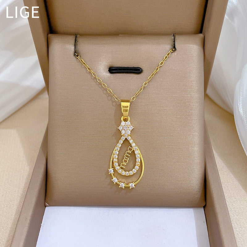 Collar con Colgante de Gota de Agua Estilo Dibujo Animado para Mujer, Cadena de Acero Inoxidable Minimalista con Camafeo y Detalles Completos de Diamantes de Imitación
