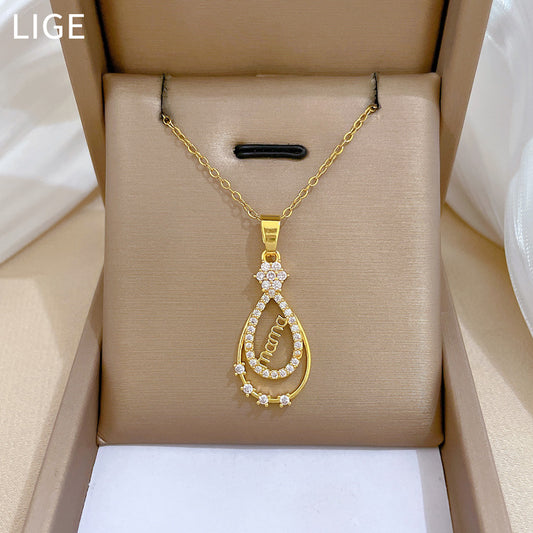Collar con Colgante de Gota de Agua Estilo Dibujo Animado para Mujer, Cadena de Acero Inoxidable Minimalista con Camafeo y Detalles Completos de Diamantes de Imitación