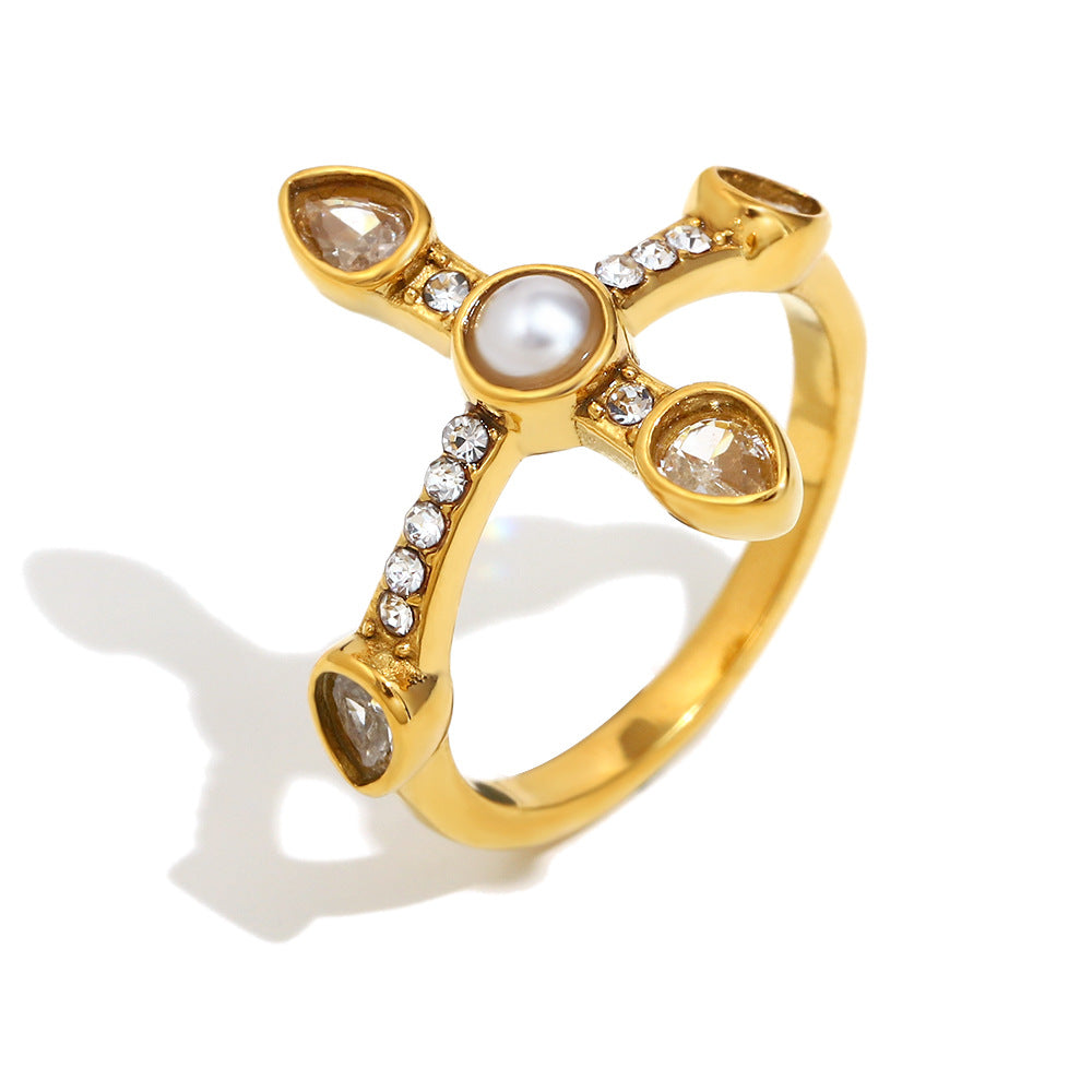 Fashionable Geometric Stainless Steel Plated 18K Gold Cross and Star Pendant Ring with Zircon Inlay for Women